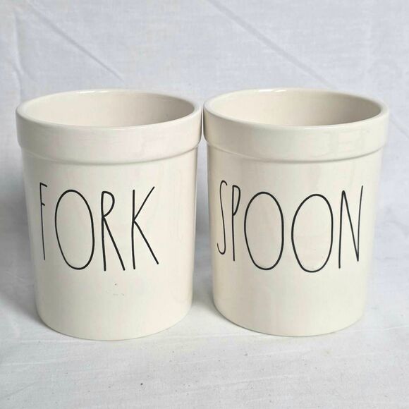 Rae Dunn Fork & Spoon Ceramic Utensil Holders 6” Tall - Picture 1 of 3